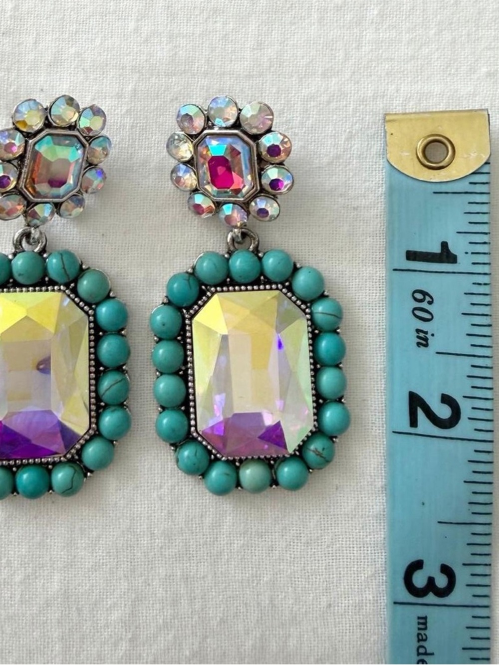 Statement Turquoise & Rhinestone Dangle Earrings - Picture 6 of 6